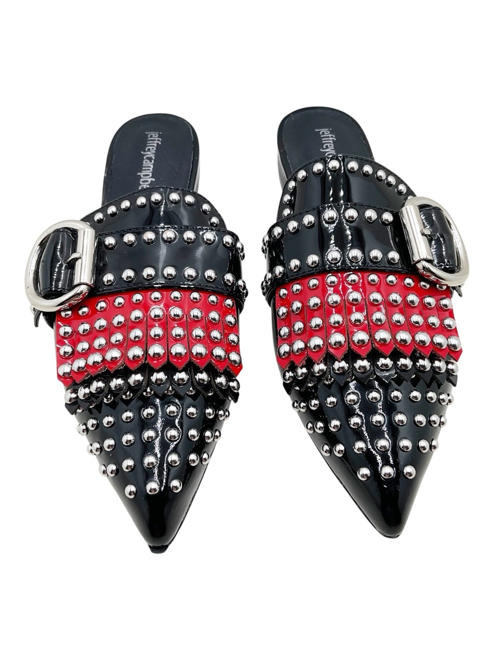 {Jeffrey Campbell}Daniel Patent Leather Mule with Red Studded Fringe